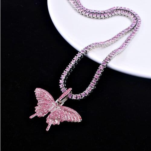 Fashion 1Row Rhinestone Women Hip Hop Necklace Rap Singer Butterfly Charm Pendant Necklace Iced Out Tennis Chain Shiny Choker