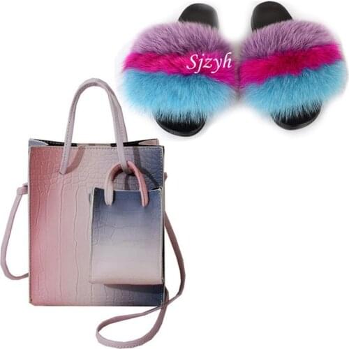 Womens Crossbody Purses Girls Fluffy Fur Slippers Jelly Shoulder Bag Shoes Sets Ladies Furry Slides Female Handbag Fur Sandals