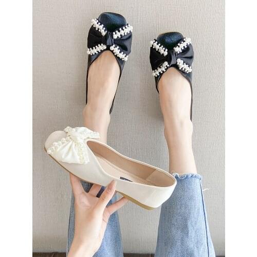 Spring And Summer New Style All-Match Square Toe Shallow Mouth Ladies Single Shoes Sweet Bow Comfortable Flat Casual Shoes