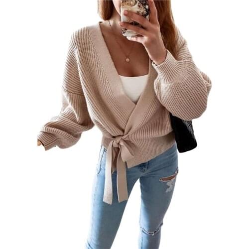 2020 Womens Sweater Fall Ladies V-Neck Cardigan Bow Sweater Solid Color Coat Loose Bandage Ladies Sweaters Streetwear