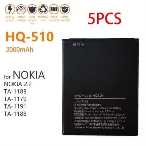 100% Original 5PCS HQ510 HQ 510 For NOKIA 2.2 TA-1183 TA-1179 TA-1191 TA-1188 3000mAh Phone High Quality In Stock Batteries