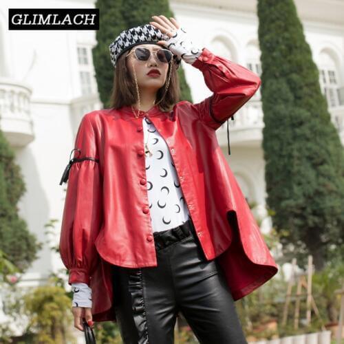 2019 Spring Korean Loose Oversize Jacket Real Sheepskin Female Genuine Leather Coat Single Breasted Bow Lantern Sleeve Overcoats