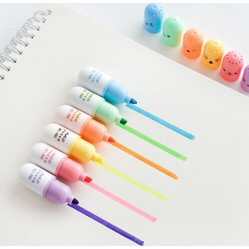 6PCS/Set New Lovely Capsules Highlighter Vitamin Pill Highlight Marker Color Pens Stationery Office School Supplies