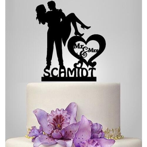 Acrylic elegant personalize wedding cake topper Mr and Mrs with silhouette personalize last Name Party Supplies