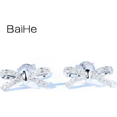 BAIHE Solid 14K White Gold 0.16ct H/SI Round Natural Diamonds Stud Earrings Women Trendy Fine Jewelry bow-knot серьги сережки