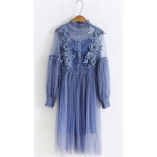 PERHAPS U Black Beige Pink Blue Lace Mesh Ball Gown Long Sleeve Stand Collar Midi Puff Sleeve Elegant Dress 2 Two Pieces D0216