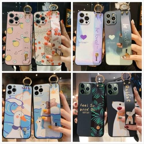 Wrist Strap Case for IPhone 11 12 Pro XS Max Case Soft Relief Cartoon Flower Cover for IPhone 12 mini SE 2020 XR 7 8 Plus Holder