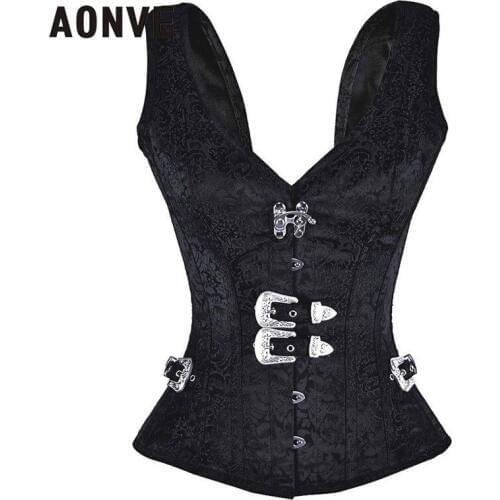 Aonve Black Gothic Corset Top Overbust V-neck Steel Bones Korset Women Punk Clubwear Steampunk Clothes Vintage Korse S-2XL