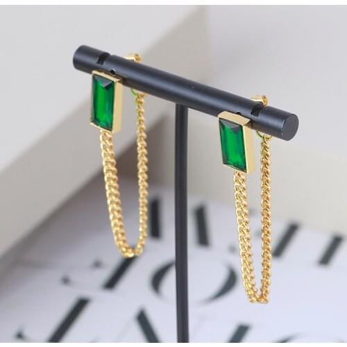 European and American French retro style long chain with green square rhinestone earrings earrings girls
