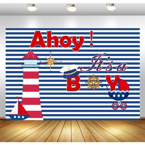 Captain Navy Boy Baby Shower Backdrop Lighthouse Warship Decorations Blue and White Stripes Baby Shower Photography Background