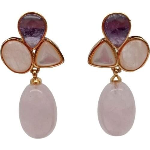 KKGEM 1.3"Amethyst White Shell Gold plated Natural Rose Quartz Egg Shape Teardrop Dangle Stud Earrings Cute Style Earrings