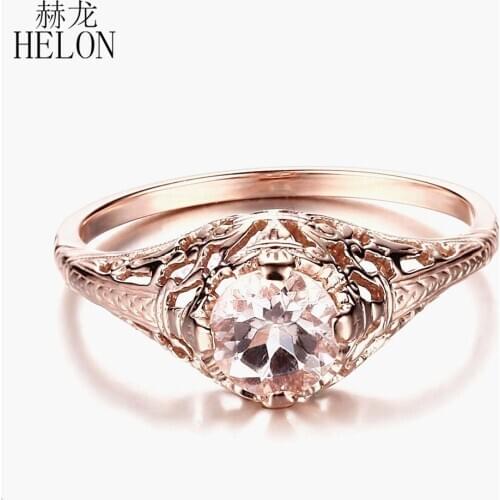 HELON Solid 14K Rose Gold AU585 Flawless Round 5.5mm Genuine Natural Morganite Engagement Ring Women Wedding Vintage Jewelry