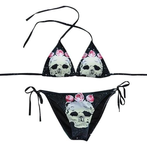 Summer High Waist Bikini Set Women Push-up Padded Bra Bandage Bikini Set Skull Print Swimsuit Triangle Thong Two Piece Set 2021