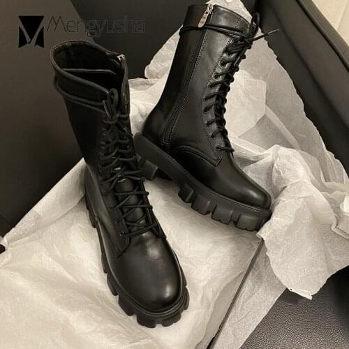 Genuine Leather motorcycle boots women platform shoes high top thicken bottomed mid-calf booties punk riding snow winter botas