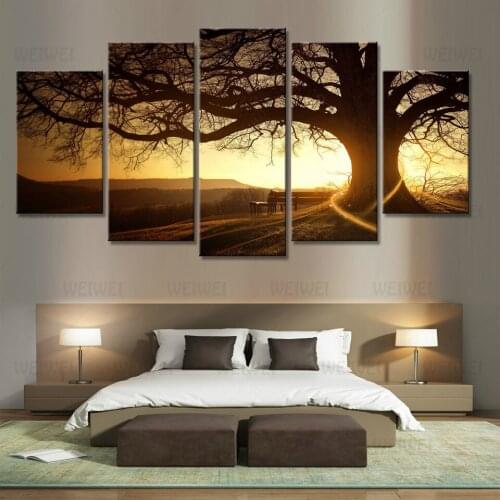 Still Life Landscape Poster Five Piece Set Sunlight Tree Shadow Canvas Painting Park Bench Wall Picture for Living Room Decor