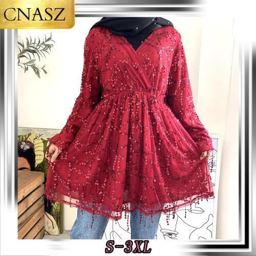 2020 New Fashion Lace Tops Patchwork Muslim Islamic Arab Dubai Spring Autumn Clothing Long Sleeve Print Shirts Tassel Blouse
