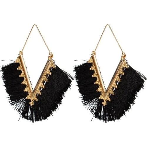 New Tassel Earrings For Women Bohemian Retro V Shape Rope Fringes Drop Earrings Wedding Party Ethnic Dangle Earrings Black