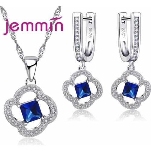 Charm Wedding Jewelry Set Blue Color Crystal Flower Pendant Necklace Earrings Set 925 Sterling Silver for Women Jewelry