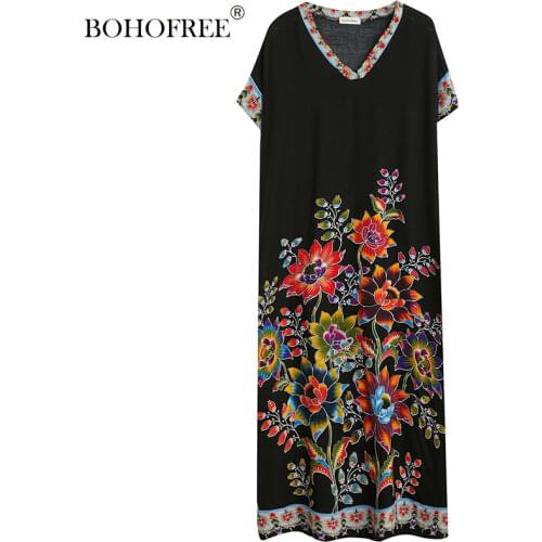 Boho Floral Print Oversize Kaftan V Neck Short Sleeve Casual Lace Up Folk Indian Bohemian Style Rayon Cotton Robes Maxi Dress