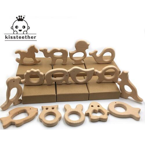 Handmade Wooden Organic Safe Baby Teether Pendent Organic Natural Beech Wooden Toy Hand Cut Animal DIY Baby Teether Nursing Toys