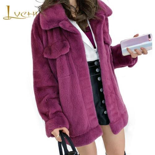 LVCHI 2018 Winter Velvet Mink Fur Coat Women Slim Loss Warm Turn-Down Collar Pocket Real Fur Coats Medium Purple Mink Fur Coats