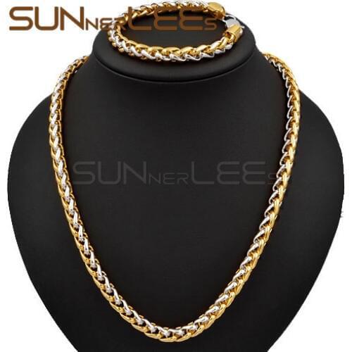 SUNNERLEES Fashion Jewelry 7mm Mens Womens Wheat Link Chain White+Yellow Gold-Color Necklace Bracelet Set C02 YWS