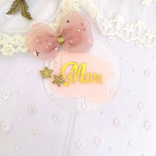 INS 2021 New Mom Cake Topper Acrylic Bow Gold Mothers Day Cake Topper for Best Mama Ever Birthday Party Cake Decorations