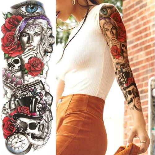 Flower Blonde Skeleton King Temporary Tattoos For Men Women Body Art Full Arm Sleeve Tatoo Waterproof Fake Tattoo Stickers Sexy