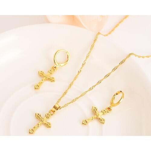 Bright 18 k fine solid gold GF small cross Pendant chain Earrings sets Christian Best Jesus bridal Gifts handsome Young