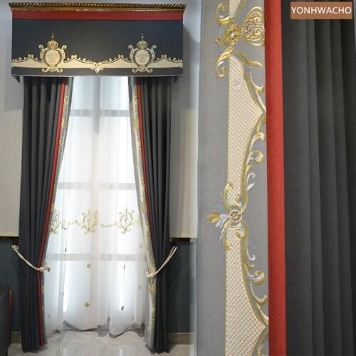 Custom curtains Postmodern cotton linen luminous embroidery bedroom dark grey cloth blackout curtain valance tulle drape C845