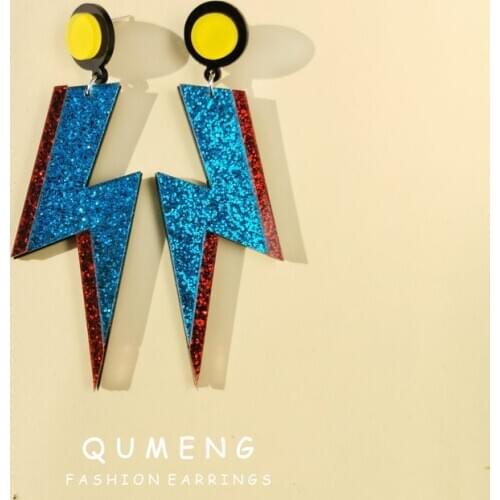 QUMENG 2020 Statement Shiny Glitter Lightning Acrylic stud Earrings For Women Punk vintage Long Earrings Fashion Accessories