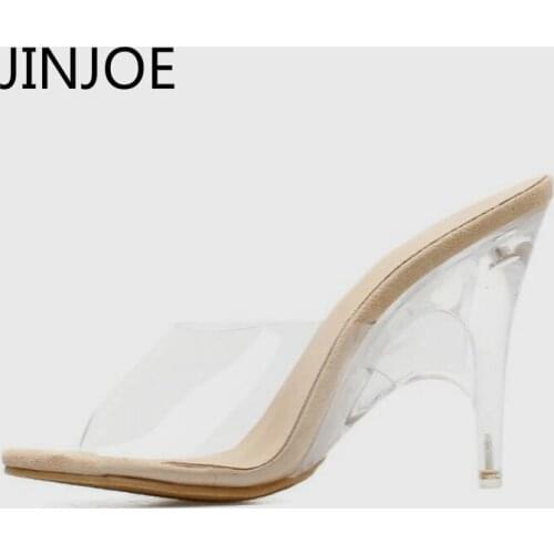 JINJOE woman shoes 2018 summer new fish mouth sandals Glass transparent high shoes High heel slippers Pump Crystal heel