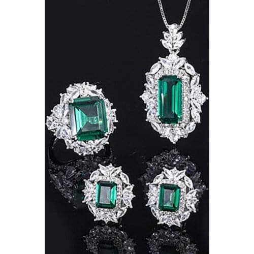 Charms 100% 925 Sterling Silver Emerald Gemstone High Carbon Diamond Ring Earrings Pendant Necklace Women Wedding Jewelry Sets
