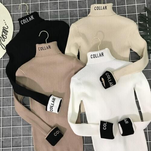 Spring Autumn Slim Sweater Womens Fashion High Collar Knitting Sweater Harajuku Letter Solid Long Sleeve Casual Pullover Sweater