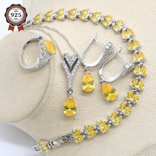 Long Earrings Silver Color Yellow Stones Wedding Jewelry Sets For Women Necklace Ring Pendant Bracelets Gift Box