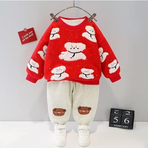 0-4-year-old winter new childrens Cartoon Bear suit boys and girls solid color Plush sweater two-piece long sleeve sportswear