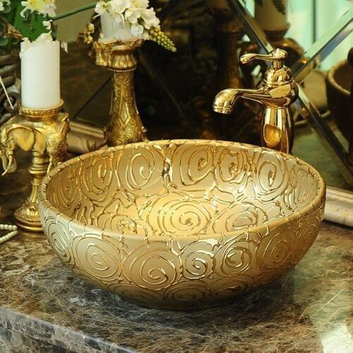 Gold China Artistic Handmade Engraving Ceramic wash basin Lavobo Round Countertop carved wash basin