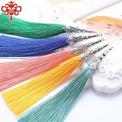 2PCS 14cm Cone alloy cap Silk Tassel fringe sewing bang tassel trim decorative Curtain Tassel for Craft Jewelry DIY Graft Making