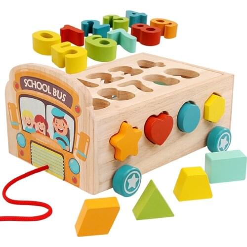 Kids Wooden Drag Car Toys Geometric Shape Building Blocks Matching Toys Assembly School Bus Early Education Puzzle Toys