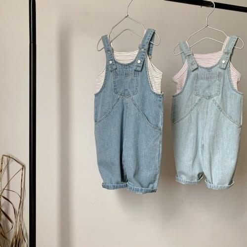 Childrens Denim Overalls Pants Summer New Toddler Boys Girls Casual Loose Denim Jumpsuit Korean Style Kids Solid Jeans Trousers