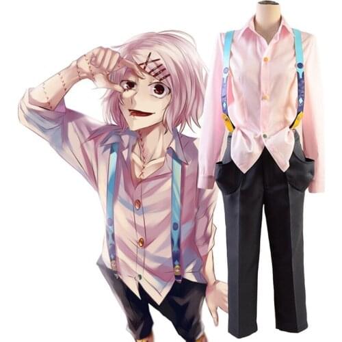 Anime Tokyo Ghoul JUZO SUZUYA / REI Cosplay CostumeFull Set Pink Uniform Men Women Halloween Fighting Dress With Wig