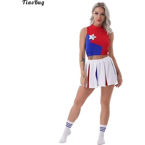 TiaoBug Women Cheerleading Uniform Role Play Outfits Sleeveless Sequined Star Crop Top With Elastic Waistband Pleated Skirt