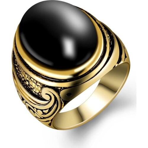 Megin D Hot Sale Vintage Natural Black Agate Gilt Carved Alloy Rings for Men Women Couple Family Friend Fashion Gift Jewelry