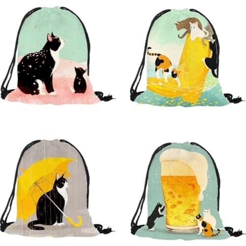 Cute Cartoon Cat Printed Fashion School Drawstring backpack Bag Shoe Backpack women drawstring bags bolsa cordones mochila