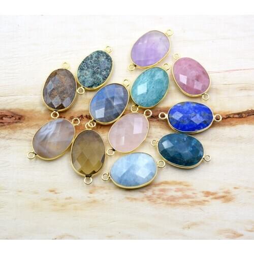 Natural Labradorite Amethysts rose Quartzs amazonite charm Gold-Plated bezel Oval Egg pendants Faceted Gems stone Connector DIY
