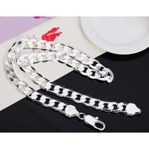 New Style 925 Sterling Silver 18/20/22/24/26/28/30 Inch 12mm Flat Side Necklace Ladies Men Fashion Wedding Jewelry Gift