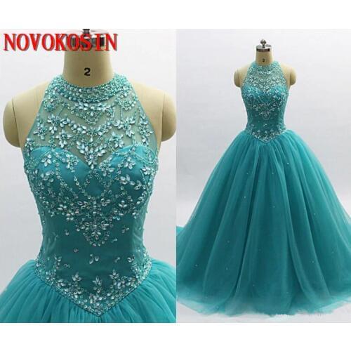 Real Photo 2019 Sheer Neck Ball Gown Tulle Hollow Back With Zipper Evening Gowns Sparkly Crystal Sexy Quinceanera Prom dresses