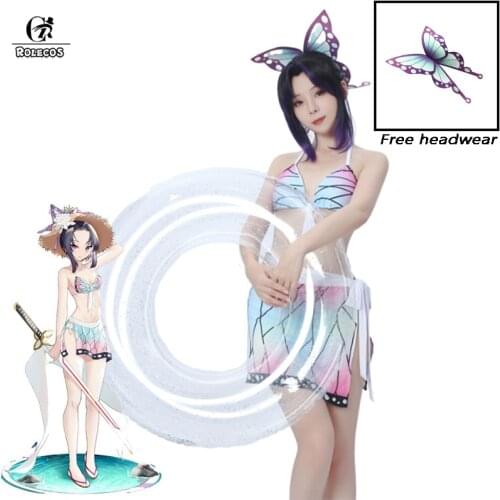 ROLECOS Kochou Shinobu Cosplay Costume Women Swimsuit Sexy Bikini Anime Swinwear Cosplay Demon Slayer Bathing Suit 2 Piece Set