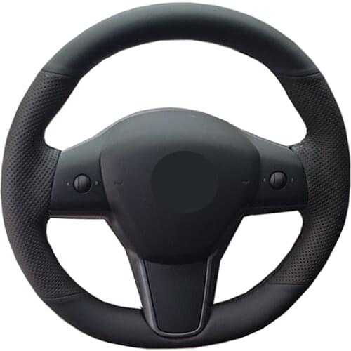 Hand Sew Car Steering Wheel Cover Wrap Leather Suede Gray Beige Brown For Tesla Model 3 2017 2018 2019 2020 2021 Model3 Volant