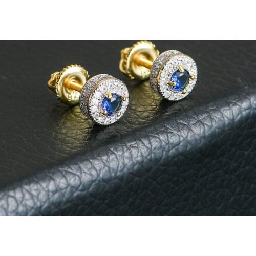 Hip HOP 5A+ Red Stone Bling Ice Out Stud Earring Round Sterling Sliver Earring for Women Men Fine Jewelry Earring for Friendship